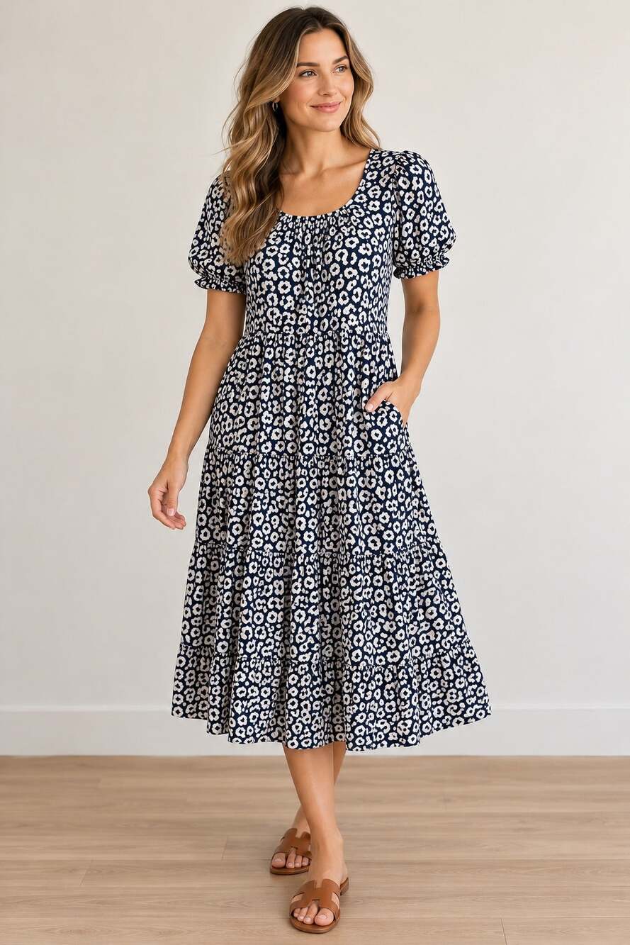 J.Crew Navy Ivory Leopard Print Tiered Midi Dress Puff Sleeves Pockets S